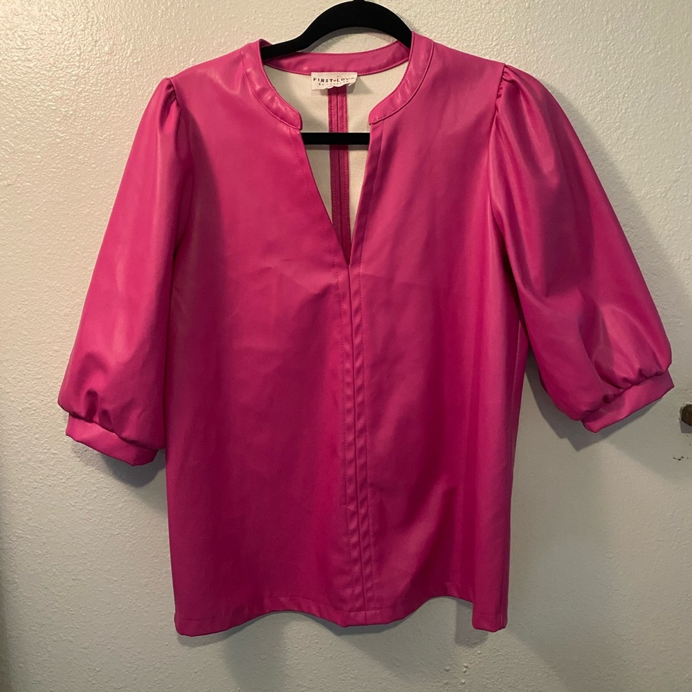 First Love Pink Puff Sleeve‎ Mandarin Collar Faux Leather Blouse Size Small